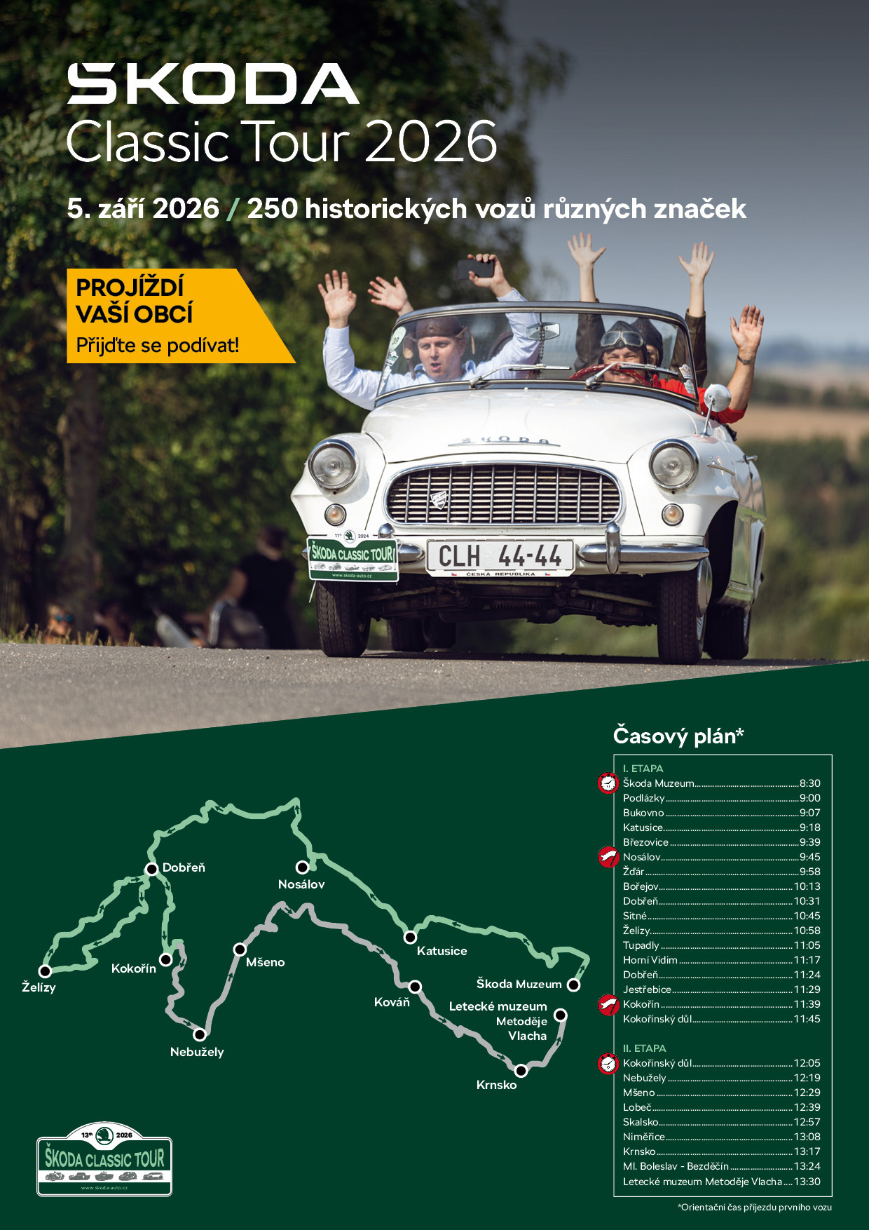 ŠKODA CLASSIC TOUR 2026 PROJÍŽDÍ 5. ZÁŘÍ OBCEMI NA KOKOŘÍNSKU - PŘIJĎTE SE PODÍVAT