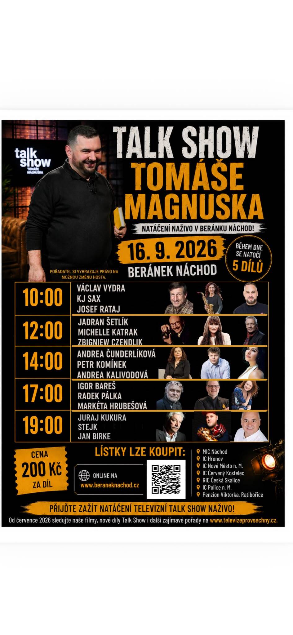 Možnost přihlášení k zájezdu do Náchoda na natáčení Talk Show Tomáše Magnusky (zájezd pořádá město Mšeno ve spolupráci s okolními obcemi)
